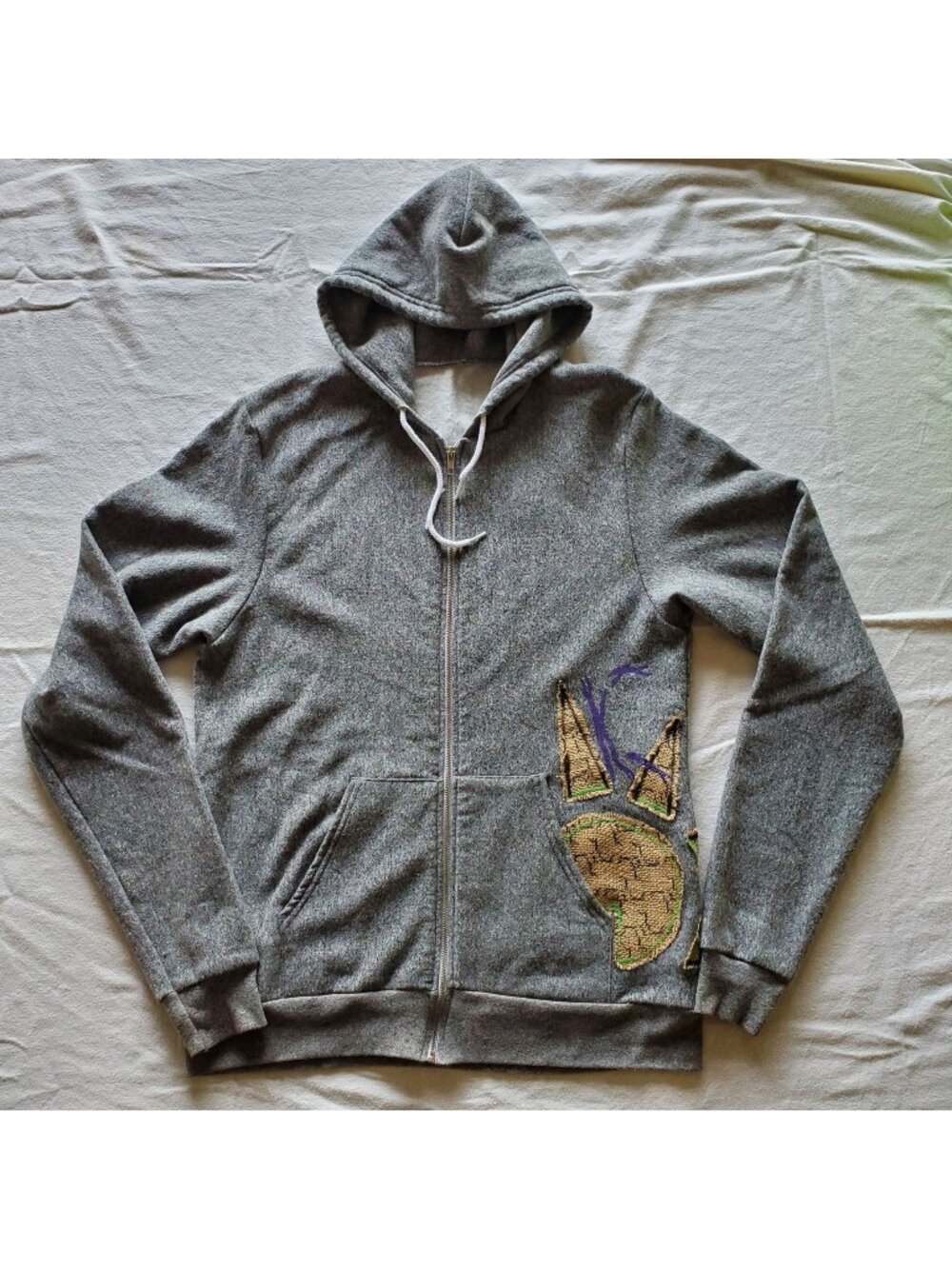 American Apparel Gray Zip Hoodie Burlap Sunburst Sun Ray Patchwork Size L Large